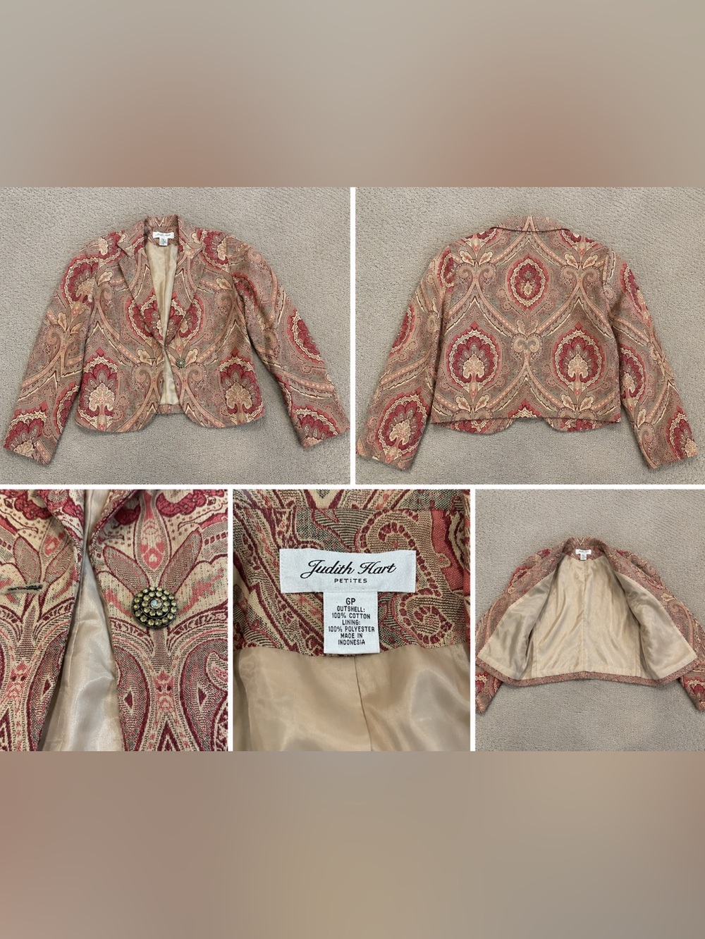 Judith Hart Petites Paisley Cropped Blazer Jacket Size 6P